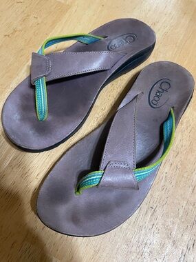 Chaco Brown Leather Thong Sandals with Green and Blue Webbing